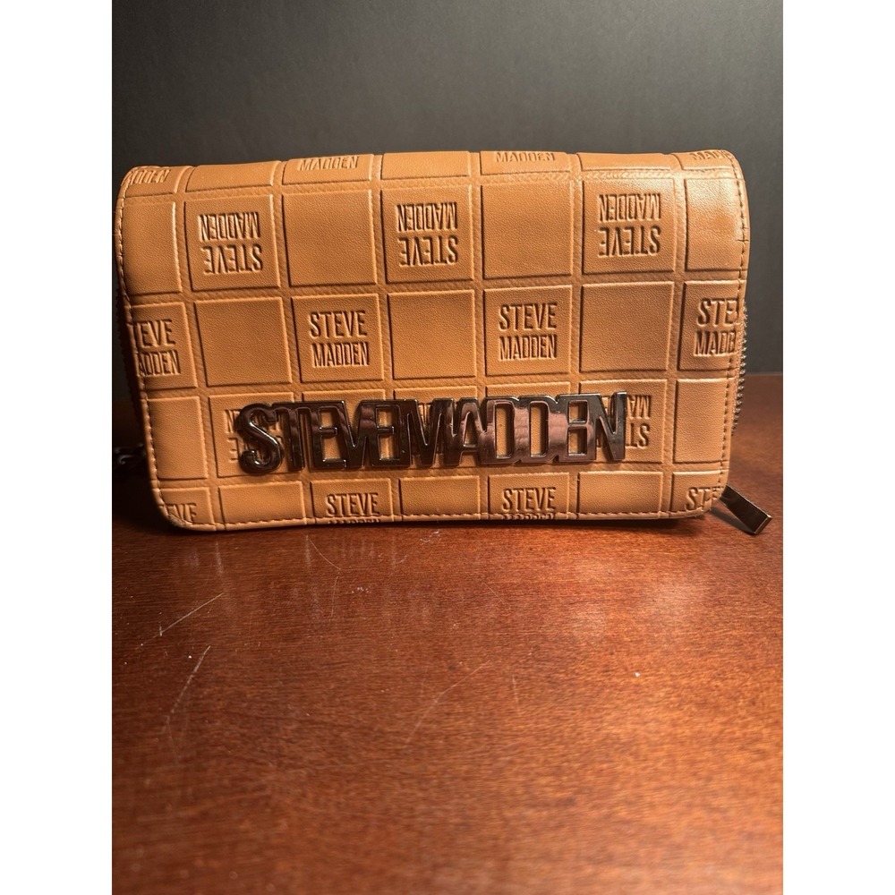 Steve Madden Tan Brown Embossed Logo Crossbody Bag with Chain Strap